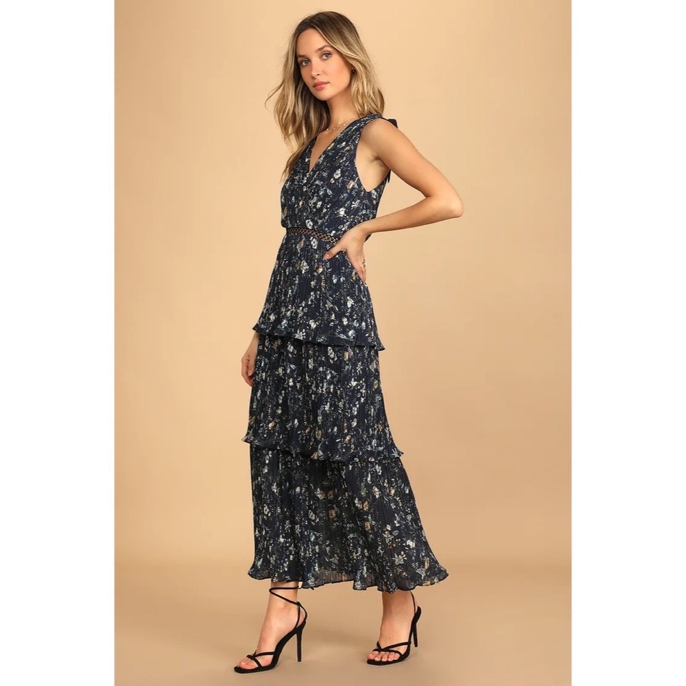 Lulus Such Sophistication Navy Blue Floral Print Pleated Maxi Dress NWT XS